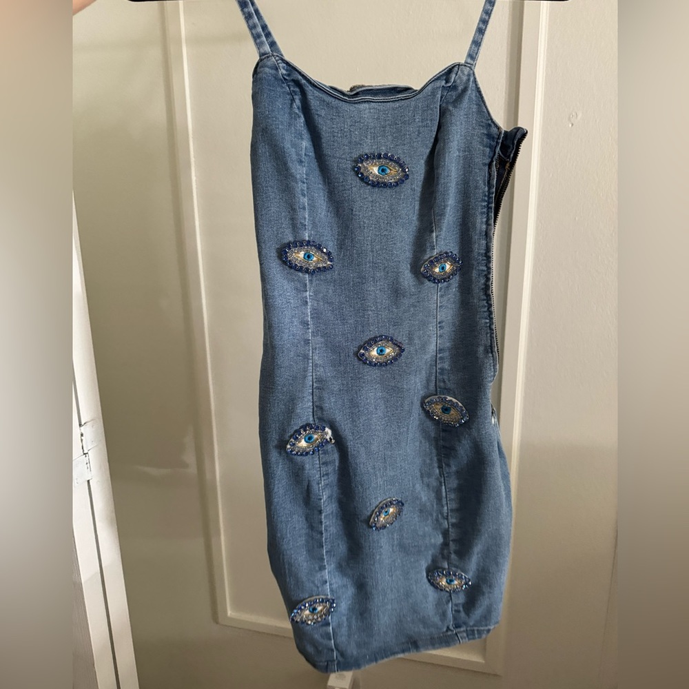 Embellished evil eye denim dress